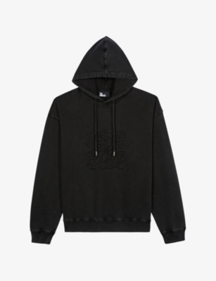 Shop The Kooples Men's Black Washed Logo-embroidered Loose-fit Cotton-jersey Hoody