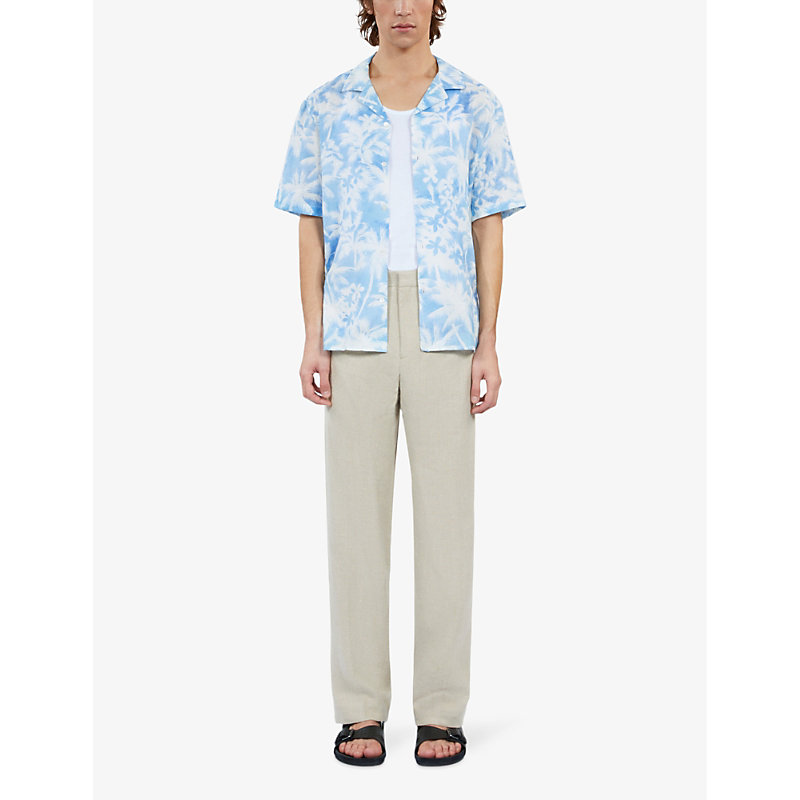 Shop The Kooples Men's White / Blue Palm-tree Print Short-sleeve Linen-blend Shirt