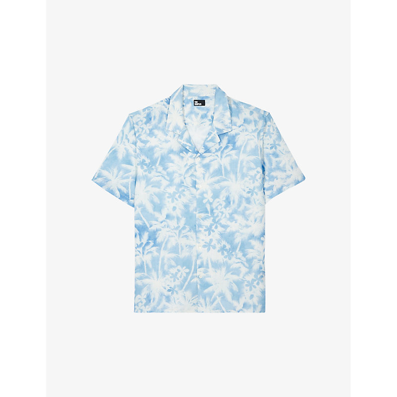 Shop The Kooples Men's White / Blue Palm-tree Print Short-sleeve Linen-blend Shirt