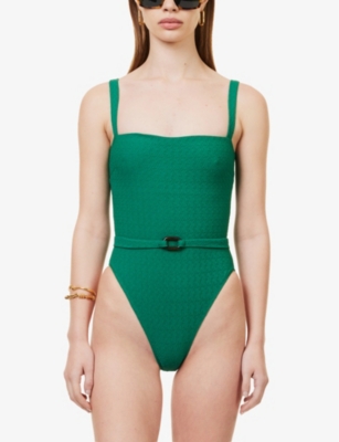 Shop Away That Day Hamptons Belted-waist Stretch-recycled Polyamide Swimsuit In Emerald Green Texture