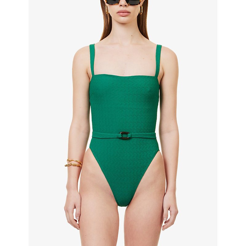 Shop Away That Day Womens Emerald Green Texture Hamptons Belted-waist Stretch-recycled Polyamide Swimsuit