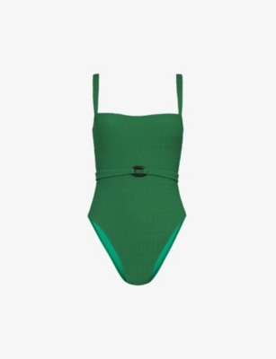 Shop Away That Day Women's Emerald Green Texture Hamptons Belted-waist Stretch-recycled Polyamide Swimsui