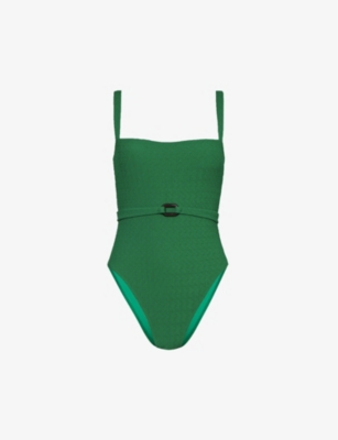 Shop Away That Day Hamptons Belted-waist Stretch-recycled Polyamide Swimsuit In Emerald Green Texture