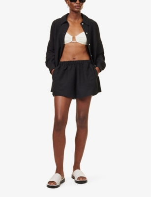 Shop Away That Day Women's Black Maldives Elasticated-waist Linen-blend Short