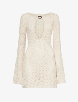Shop Away That Day Women's Tural V-neck Long-sleeve Cotton-crochet Mini Dress In Natural