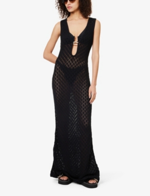 AWAY THAT DAY: Plunge-neck fishtail-hem cotton-crochet maxi dress