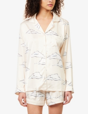 Shop The Nap Co Women's Cream Cloud Graphic-print Relaxed-fit Stretch-satin Pyjama Set