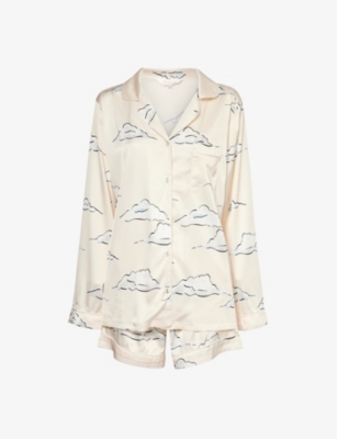 Shop The Nap Co Graphic-print Relaxed-fit Stretch-satin Pyjama Set In Cream Cloud