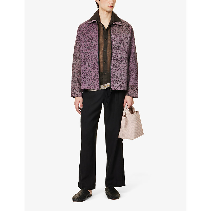 Shop Kartik Research Mens Purple/black Floral-pattern Textured Cotton Jacket
