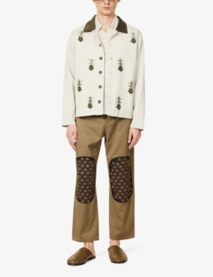Shop Kartik Research Men's Ecru/teal/gold Zardozi-embroidered Cropped Cotton Jacket