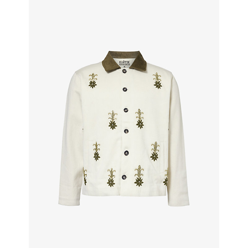 Kartik Research Zardozi-embroidered Cropped Cotton Jacket In Ecru/teal/gold
