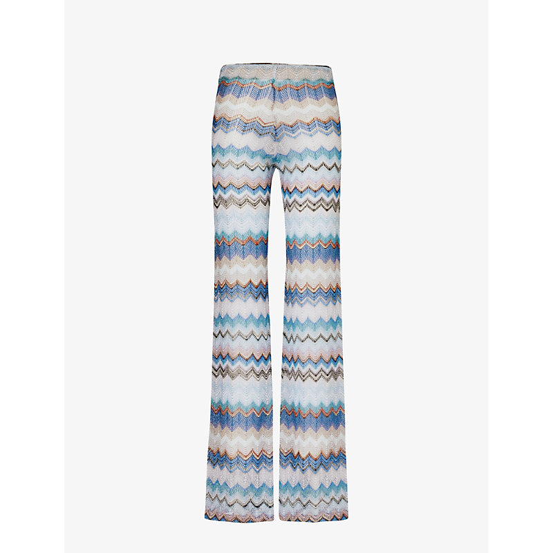 Shop Missoni Women's Multicolor Blue Tones Chevron Straight-leg Knitted Trousers