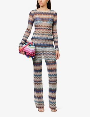 Shop Missoni Women's Multicolor Blue Tones Chevron Long-sleeved Knitted Mini Dress