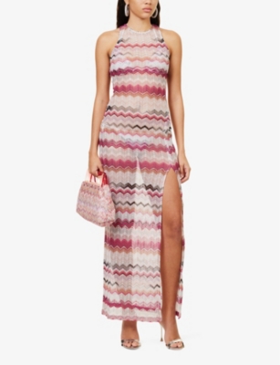 Shop Missoni Women's Multicolor Pink Tones Chevron Split-hem Knitted Maxi Dress