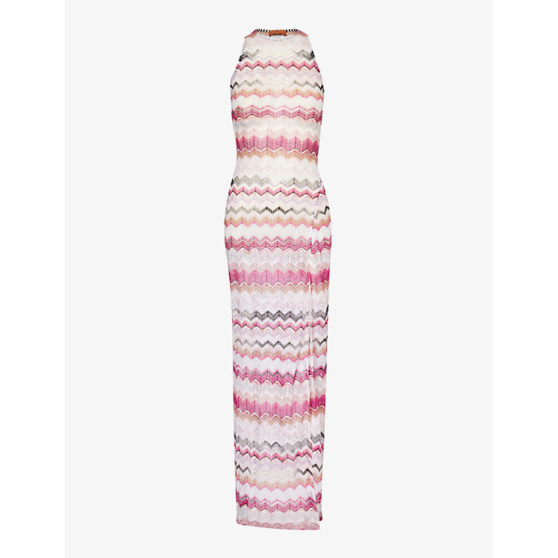 Shop Missoni Chevron Split-hem Knitted Maxi Dress In Multicolor Pink Tones