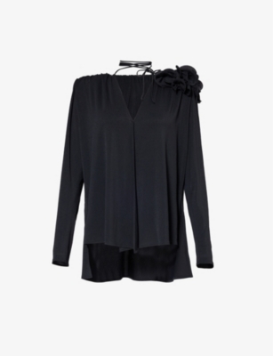 Shop Magda Butrym Floral-embellished V-neck Stretch-woven Blouse In Black