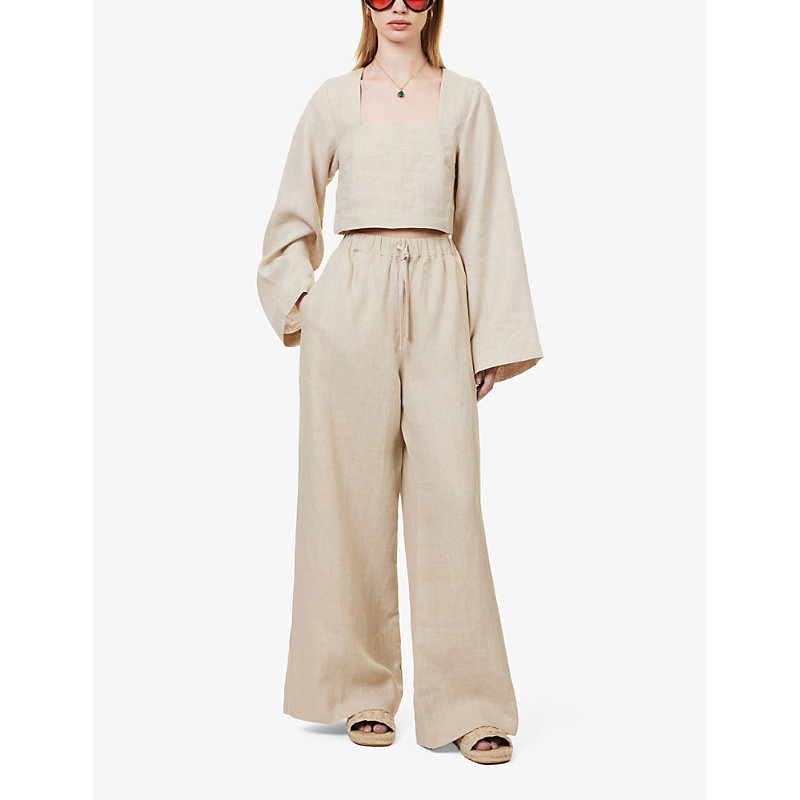 Shop Faithfull The Brand Women's Natural Conigli Drawstring-waist High-rise Wide-leg Linen Trousers