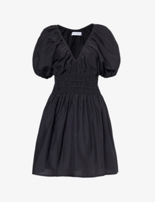 Faithfull The Brand Womens Black Salone V-neck Gathered-waist Silk And Cotton-blend Mini Dress