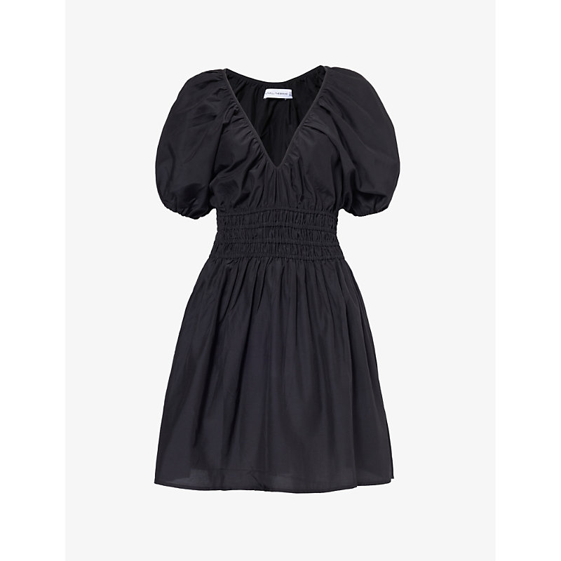 Faithfull The Brand Womens Black Salone V-neck Gathered-waist Silk And Cotton-blend Mini Dress