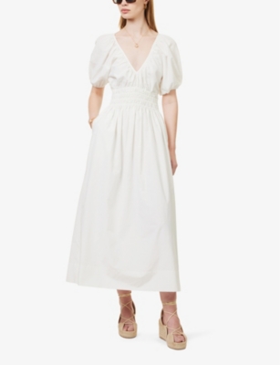 Shop Faithfull The Brand Women's White Teatro V-neck Gathered-waist Silk And Cotton-blend Midi Dress