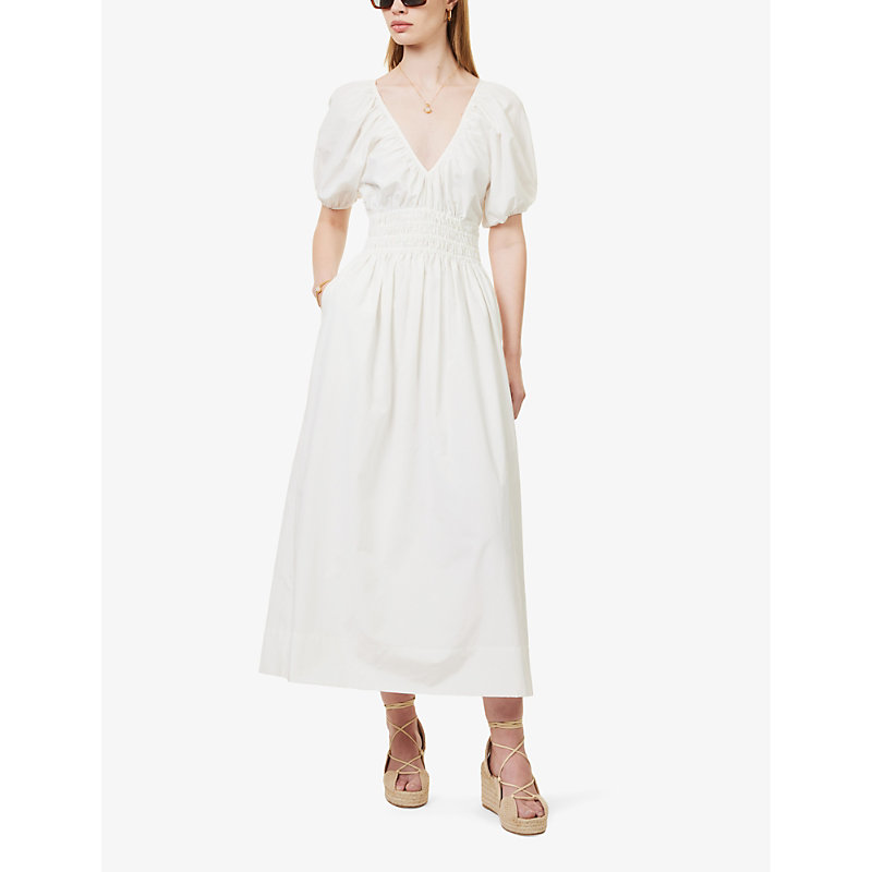 Shop Faithfull The Brand Women's White Teatro V-neck Gathered-waist Silk And Cotton-blend Midi Dress