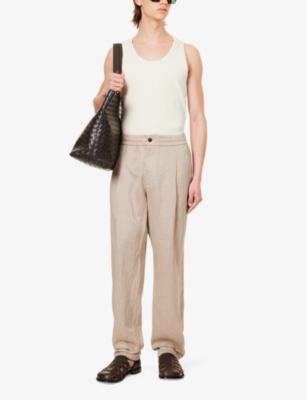 Shop Giorgio Armani Men's Desert Taupe Relaxed-fit High-rise Tapered-leg Linen Trousers