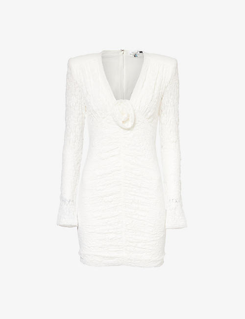 ROTATE BIRGER CHRISTENSEN: Floral-appliqué ruched recycled polyamide-blend lace mini dress