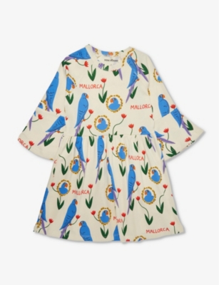Shop Mini Rodini Girlskids Parrots Trumpet-sleeve Organic-cotton Dress 3-11 Years In Multi