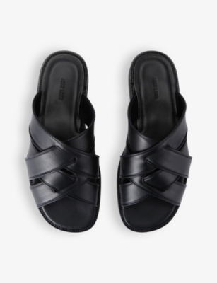 John Lobb Mens Black Salt Cross-over Leather Sliders In Black