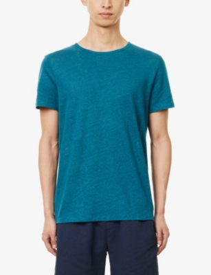 Shop Derek Rose Mens Green Jordan Short-sleeved Linen T-shirt