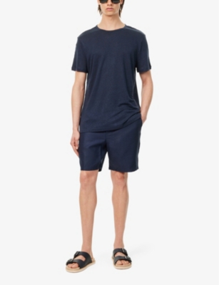 Shop Derek Rose Men's Navy Sydney Drawstring-waist Linen Shorts