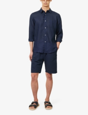 Shop Derek Rose Men's Navy Monaco Regular-fit Linen Shirt