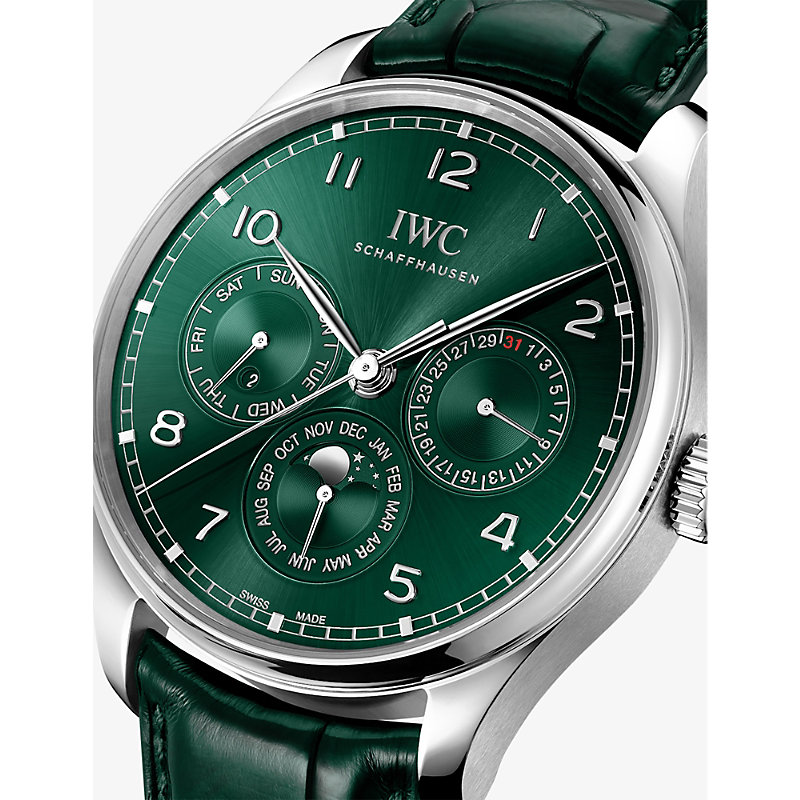 Shop Iwc Schaffhausen Men's Green Iw344207 Portugieser Perpetual Calendar Stainless-steel And Leather Aut