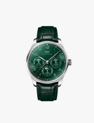 Shop Iwc Schaffhausen Men's Green Iw344207 Portugieser Perpetual Calendar Stainless-steel And Leather Aut