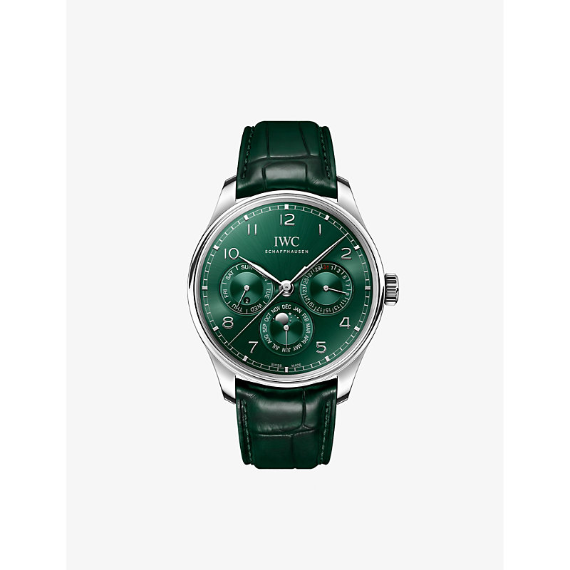 Shop Iwc Schaffhausen Men's Green Iw344207 Portugieser Perpetual Calendar Stainless-steel And Leather Aut