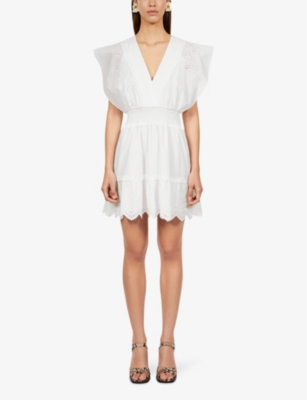 Shop The Kooples Women's White V-neck Smocked-waist Cotton Mini Dress