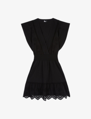 Shop The Kooples Womens V-neck Smocked-waist Cotton Mini Dress Black