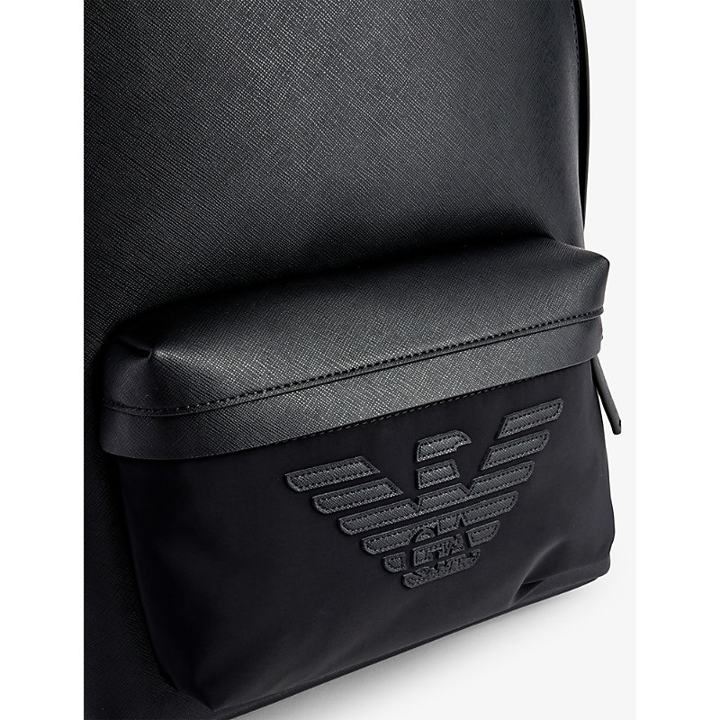 Shop Emporio Armani Mens Black Logo-patch Faux-leather Backpack