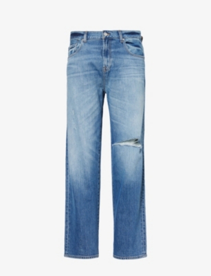 Shop 7 For All Mankind Men's Mid Blue Ryan Exclusive Distressed Straight-leg Stretch-denim Jeans