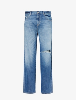 Shop 7 For All Mankind Ens Ryan Exclusive Distressed Straight-leg Stretch-denim Jeans Mid Blue