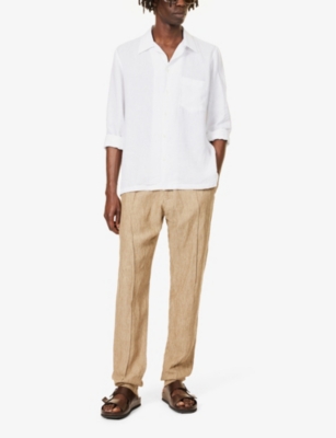 Shop Emporio Armani Mens Pressed-crease Tapered-leg Linen Trousers Nocciola