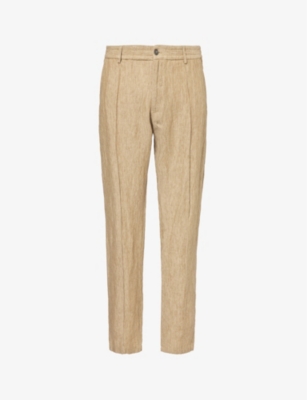 Shop Emporio Armani Mens Pressed-crease Tapered-leg Linen Trousers Nocciola