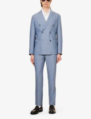 Shop Emporio Armani Mens Azzurro Stripe-print Double-breasted Virgin-wool Suit