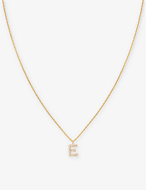 ASTRID & MIYU: Letter E 18ct yellow gold-plated recycled sterling-silver and cubic zirconia pendant necklace