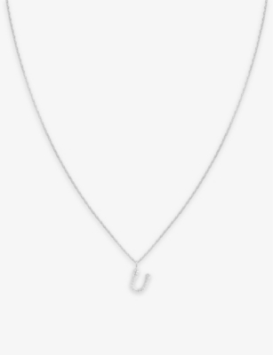 Shop Astrid & Miyu Initial U Rhodium-plated Recycled Sterling-silver And Cubic Zirconia Pendant Necklace