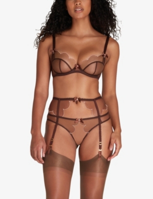 Shop Agent Provocateur Women's Brown Lorna Panelled Lace And Mesh Suspender Belt