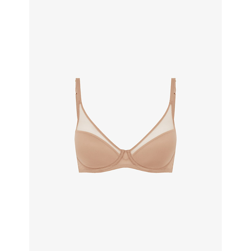 Shop Agent Provocateur Lucky Panelled Stretch-tulle Underwired Bra In Champagne