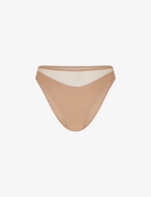 Shop Agent Provocateur Lucky Panelled Stretch-tulle Briefs In Champagne
