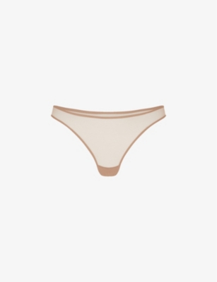 Shop Agent Provocateur Women's Champagne Lucky Panelled Stretch-tulle Brazilian Thong