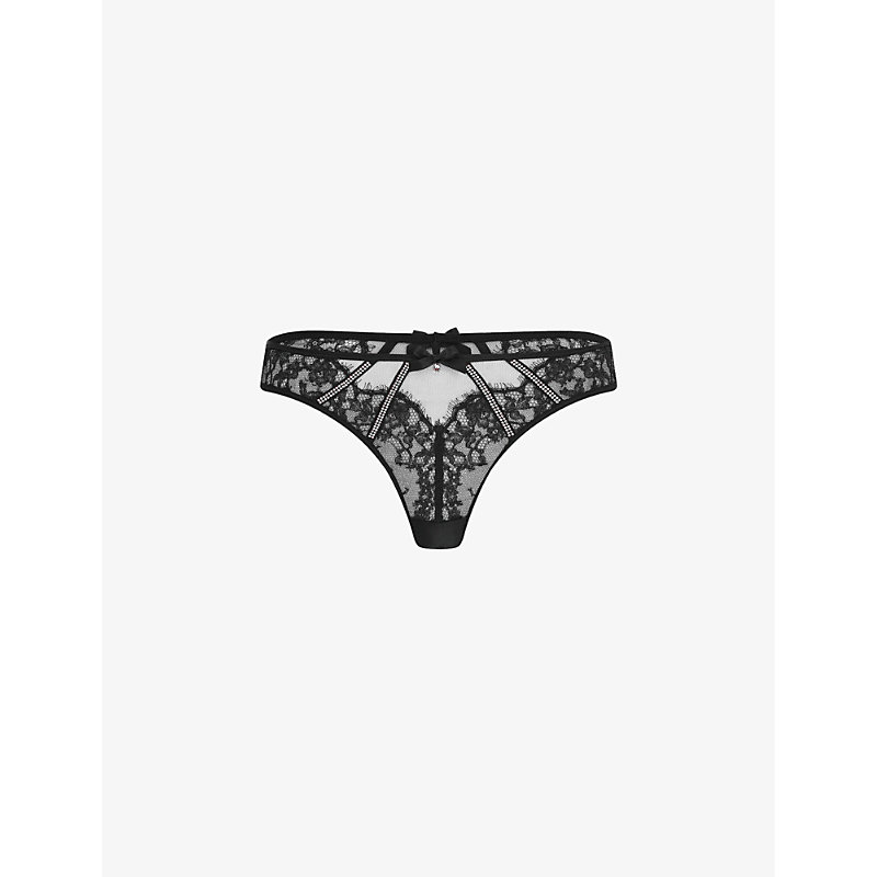 Shop Agent Provocateur Womens Black Caitriona Crystal-embellished Lace And Tulle Thong
